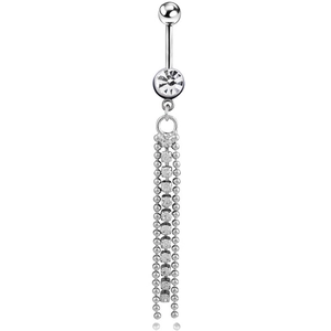Macro detail of silver navel ring featuring dangling tassel chains and sparkling zircons