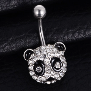Sparkling panda belly button ring with rhinestones and black enamel on silver bar