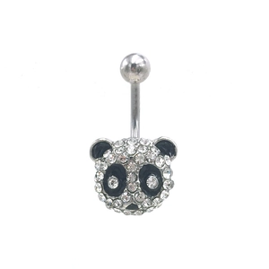 Panda belly button ring with sparkling rhinestones and black enamel finish on white background
