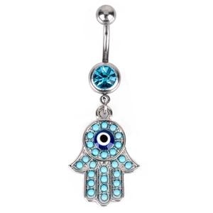 Silver belly button ring with blue crystal, Hamsa Hand pendant and Evil Eye charm