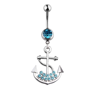 Silver anchor belly button ring with blue rhinestones on a clean white background