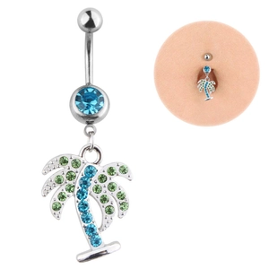 Detailed view of silver coconut tree belly ring with blue and green rhinestones