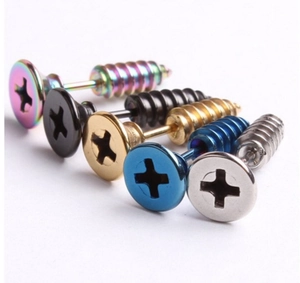 Industriële schroef oorbellen set in regenboog zwart goud blauw en zilver staal