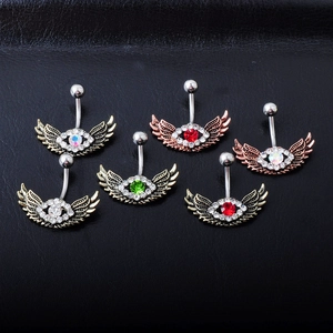 Set of six angel wing navel rings with colorful rhinestones on black leather background