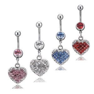 Set of four stainless steel belly rings with heart pendants in pink white blue and red