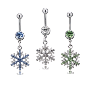 Ensemble de trois piercings de nombril flocon de neige avec cristaux bleus, blancs et verts