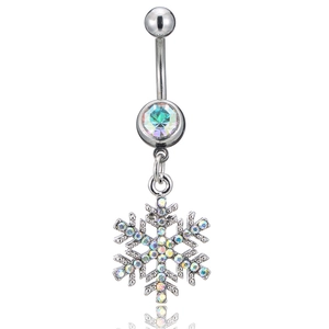 Piercing de nombril en acier avec pendentif flocon de neige et strass irisés