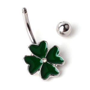 Bauchnabelpiercing aus Edelstahl mit grünem Emaille-Kleeblatt und Zirkonia-Inlay
