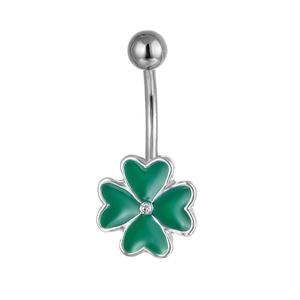 316 Edelstahl Vierblättriges Kleeblatt Bauchnabelpiercing Grün Emaille Zirkonia Gebogene Barbell Körperschmuck Für Damen