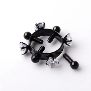 Anneau de mamelon ajustable en acier inoxydable noir sans perçage avec quatre zircons