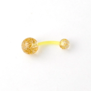 UV acrylic belly button ring with gold glitter spheres on a white background