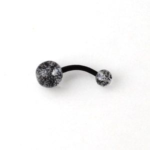 Detailed view of UV acrylic belly ring with black speckled marble pattern on curved bar