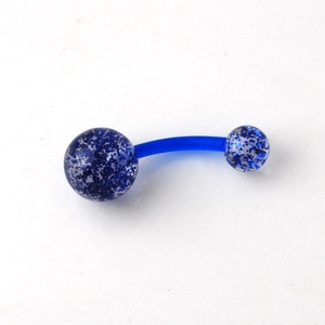Blue glitter acrylic belly button ring with curved barbell and sparkling sequins
