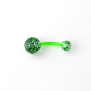 Green UV acrylic belly button ring with sparkling glitter balls on white background