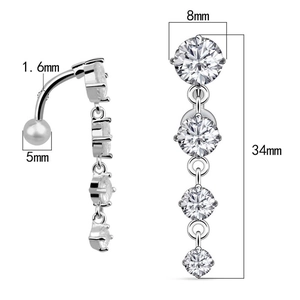 Detailed technical view of silver navel ring with 1.6mm bar and 34mm length