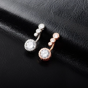 Surgical steel belly button rings set with zircon stones in silver and rose gold finishes