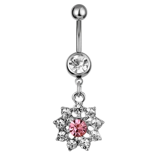 Body piercing belly ring with flower pendant featuring pink and clear cubic zirconia gems