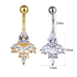 Surgical steel belly ring with waterdrop 3A zircon flower pendant in gold and silver