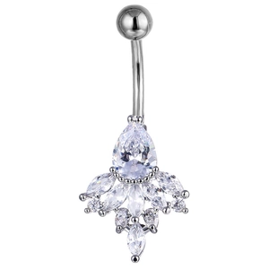 Flower belly button ring with AAA zircon teardrop crystals on stainless steel mount