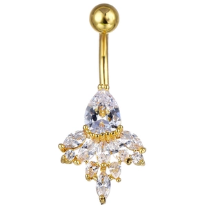Golden belly button ring with teardrop zircon flower cluster on a white background