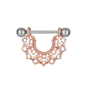 Stainless steel nipple barbell with rose gold mandala lace flower decorative shield