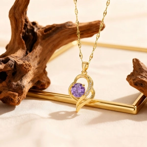 18K gold plated heart necklace with pink zircon and double layer heart pendant