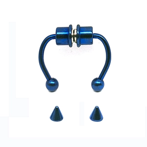 Deep blue magnetic septum ring with interchangeable ball and spike ends in detail