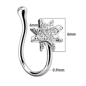 Detail view of U-shaped silver nose hoop with a 6mm star-shaped clear zircon stone