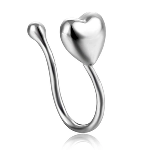 Polished silver heart-shaped faux nose ring with U-shaped non-piercing design