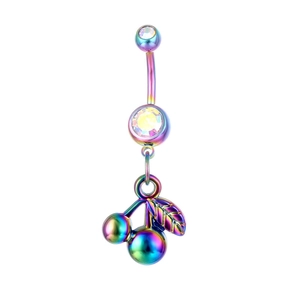 Piercing ombelico a ciliegia arcobaleno con cristallo rotondo e ciondolo foglia in acciaio