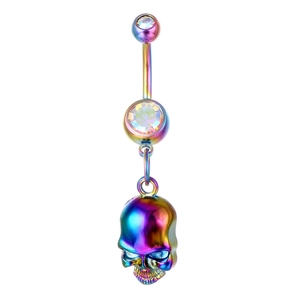 Piercing ombelico arcobaleno in acciaio con cristallo doppio e teschio