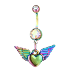 Piercing ombelico arcobaleno con pendente a cuore alato e cristalli trasparenti