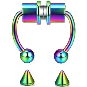 Rainbow magnetic horseshoe nose ring in stainless steel with interchangeable ball and spike tips