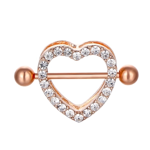 Rose gold heart nipple ring bar with shimmering white zircon crystal pavé setting