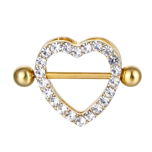Gold double-layered heart nipple ring with clear rhinestones and barbell design