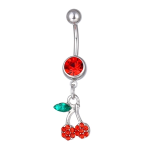 Sparkling cherry navel ring with red crystals and silver metal on white background