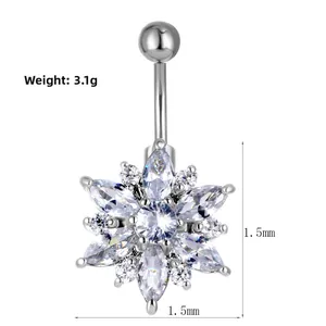 Floral belly button ring with sparkling zircon stones in silver finish, weight 3.1g
