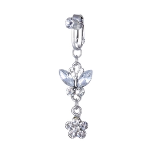 Silberner Fake Bauchnabelpiercing mit Schmetterling und Blumenanhänger mit Kristallen