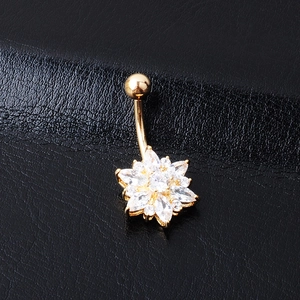 Elegant gold flower belly button ring with sparkling marquise zircon and central diamond