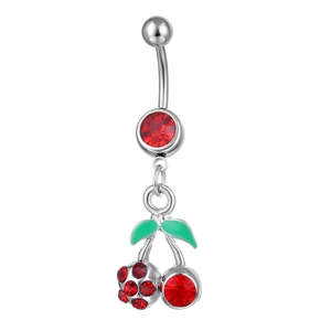 Detailed view of cherry belly button ring with red cubic zirconia and green leaf inlay