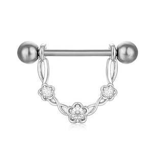 Bouclier de téton en acier inoxydable poli avec fleurs en zircon sur fond blanc