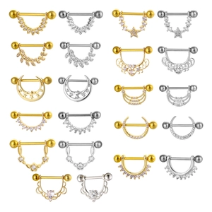 Lot de 13 paires de piercings de téton en acier inoxydable avec zircon doré et argenté