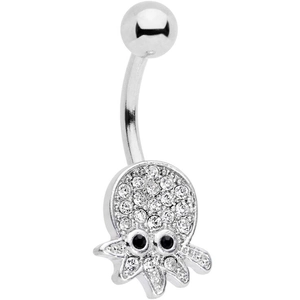 Piercing de nombril argenté avec pendentif pieuvre orné de zircons transparents