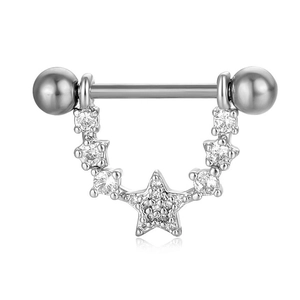 Piercing de téton haltère argenté avec bouclier étoile en zircon et pendentif en U