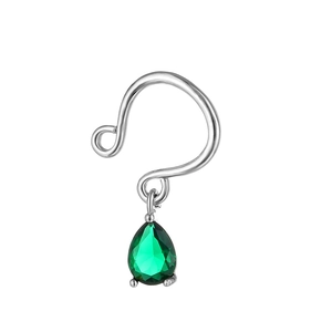 Fashion faux piercing teardrop green zircon dangle clip on earring in silver finish