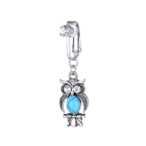 Piercing para ombligo de búho plateado con piedra turquesa azul y cristales brillantes