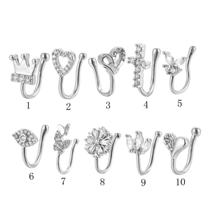 Set of 10 silver non-piercing nose clips with zircon stones in various fashion designs