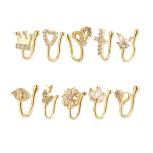 10-piece gold plated non-piercing nose cuff set with cubic zirconia in various shapes
