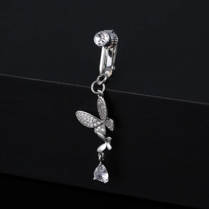 Detailed view of silver butterfly navel ring with sparkling zircon and teardrop pendant