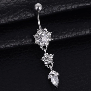 Floral silver stainless steel navel ring with crystal flower and pear-shaped drop